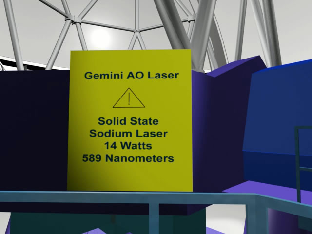 Frame of an animation illustrating the operation of the Gemini Laser Guide Star and Adaptive Optics systems.