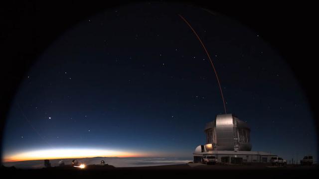 Frame of a time-lapse HD movie featuring the Gemini North laser propagating into the sky.