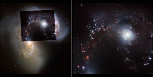 Imagen de 3 bandas en el infrarrojo cercano (derecha) que revela coloridos detalles de NGC 4038. A la izquierda, una imagen óptica grande del HST a escala y para comparar.