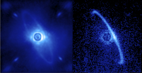 This image shows a ring of dust around the young star HR4796A. The left image shows the dust ring with some light contamination from the star (yellowish). The right image uses polarized light to remove the starlight and reveal the dust ring more clearly.