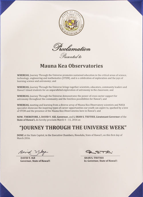 Picture of the Proclamation of the Journey Through the Universe Week in 2016 by the Governor.
