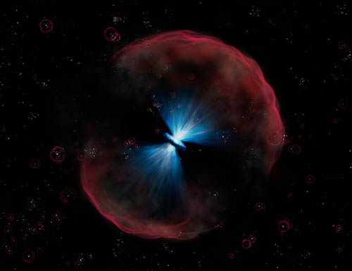 Artist's view of quasar: bright center, red ionized gas, faint newborn galaxies in background.