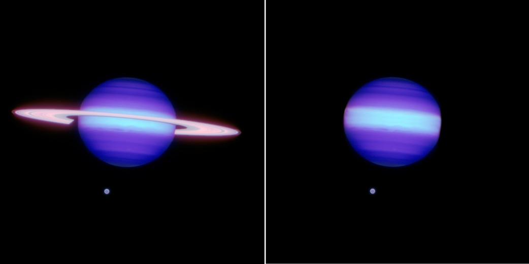 Imagen mostrando una vista hipotética de Saturno (con su luna Titan) con y sin sus anillos.