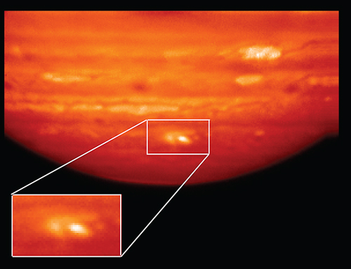 Heat map of Jupiter impact (July 2009). Bright colors show hot area from impact.