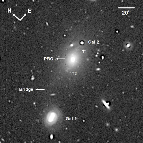Image of the radio galaxy PKS 0349-27. The galaxy has a bright central core and is connected to two nearby galaxies labeled Gal 1 and Gal 2. Tidal tails are also visible, labeled T1 and T2.