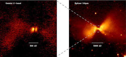 This figure compares two images of a young star system called L1527. The left image is from the Gemini NIRI telescope and shows a bright central disk. The right image is from the Spitzer Space Telescope and covers a wider field of view. The dashed box in the right image highlights the region imaged by Gemini NIRI, which includes a point-like feature.