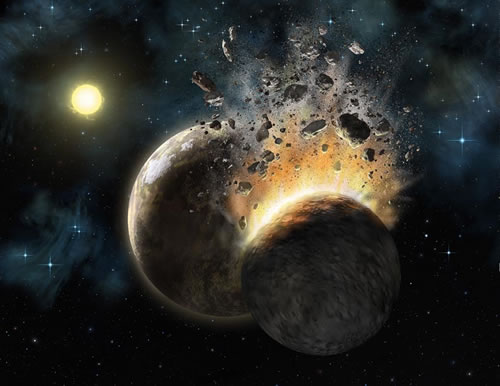 Artist's rendering of what the environment around HD 23514 might look like as two Earth-sized bodies collide.