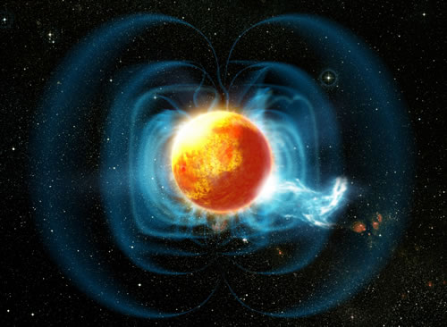 Artist's view of magnetic fields and surface of star TVLM513-46546.