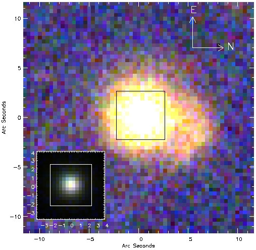 The 'E+A' galaxy from Sloan Digital Sky Survey (SDSS) imaging. Inset highlights the section sampled by GMOS-S integral field unit for spectroscopic mapping