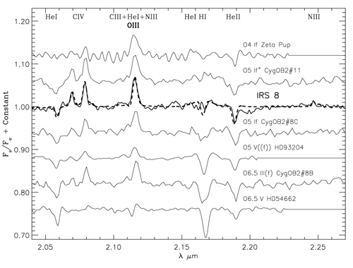 Plot comparing the spectrum of the star IRS 8 (normalized and modeled) with spectra of other stars of similar type.