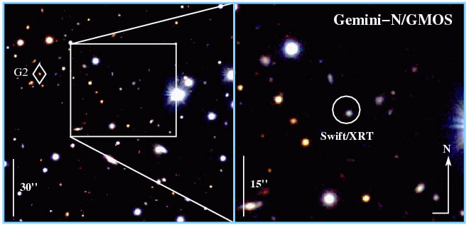 Composite image of the area around a gamma-ray burst (GRB 051221a). The blue object circled in white is the host galaxy, identified as a star-forming galaxy due to its blue color.