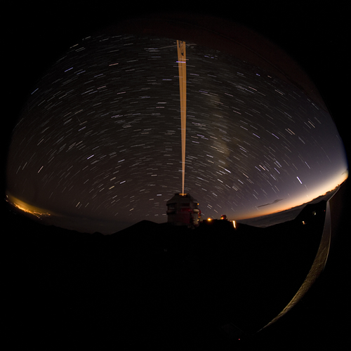 Star trail image of the Gemini laser guide star as it tracks along with the Earth's rotation.