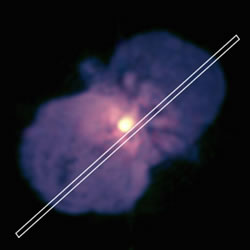 One of the five PHOENIX spectrograph long-slit aperture positions superposed on a 2-micron HST/NICMOS image of Eta Carinae.