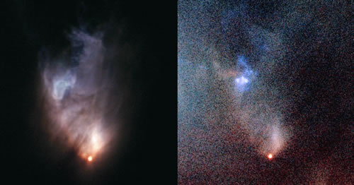 Two images of V1647 Orionis and McNeil’s Nebula.