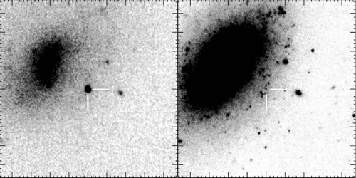 Two images of a small field around supernova SN 2006jc. The supernova is marked with plus signs. The left image is from UKIRT (April 26th and May 10th, 2007), the right image is from Gemini/NIRI (January 27th, 2008).