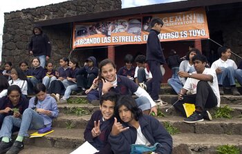 School children waiting to get in the StarLab