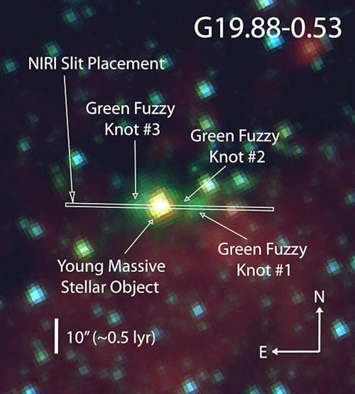 Spitzer Space Telescope G19.88-0.53 composite 3-color image