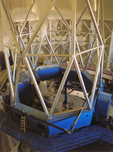 Telescope tube structures installation. April 17, 1998 | Gemini Observatory