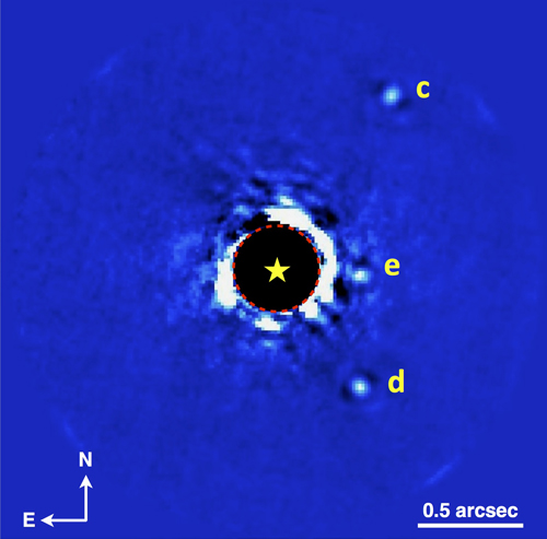 GPI imaging of the planetary system HR 8799 in K band, showing 3 of the 4 planets.