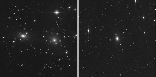 Image showing a comparison of the central portions of the sparse NGC 1600 galaxy group (right) with the dense Coma Cluster (left) which is at least 10 times more massive than the NGC 1600 group.