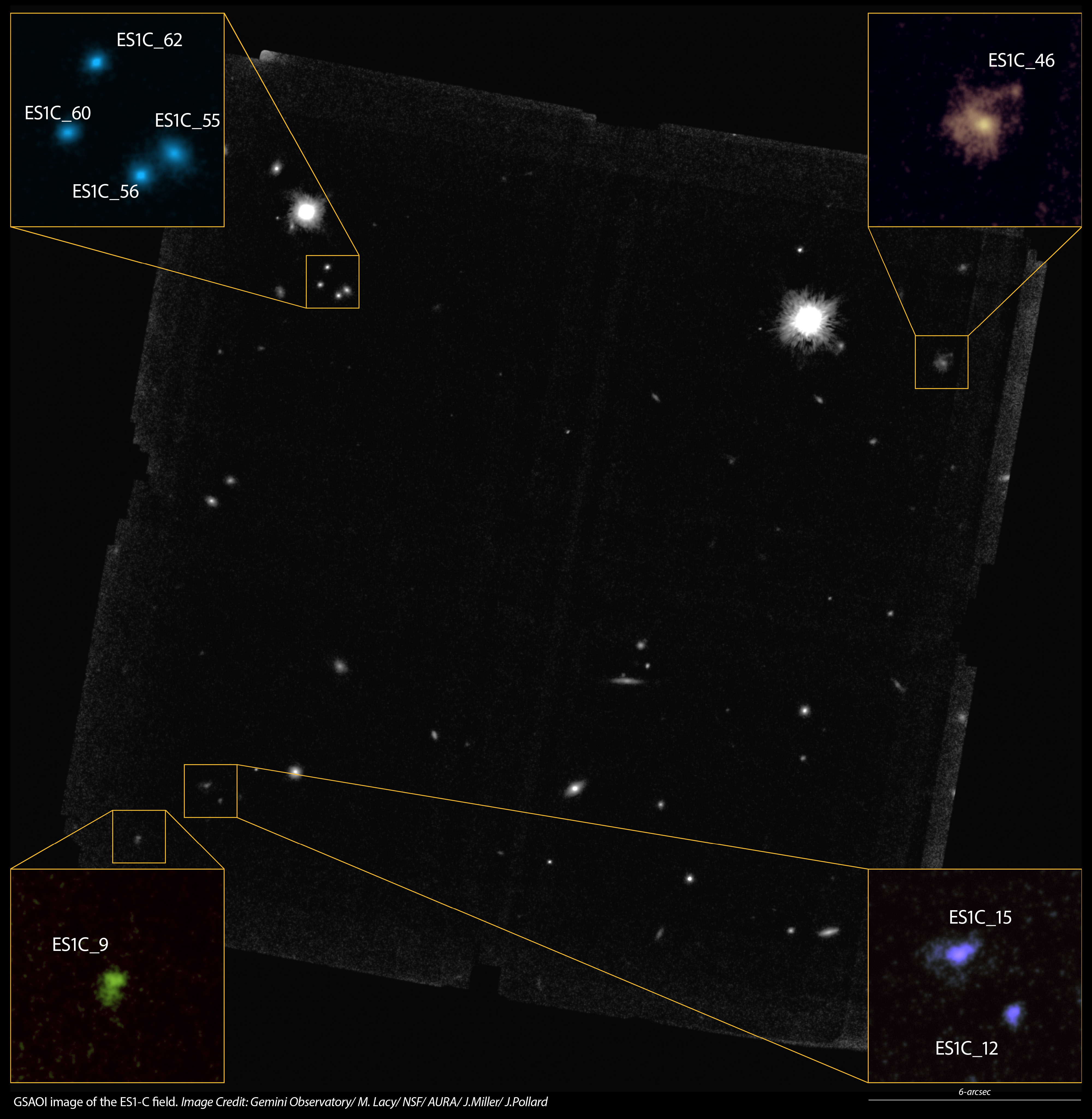 infographic GSAOI image of the ES1-C field with insets of several galaxies.