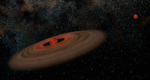 Artist's conception of the binary system 2M J044144 showing the primary ~ 20 Jupiter mass brown dwarf (left) and the 5 - 10 Jupiter mass companion (right).
