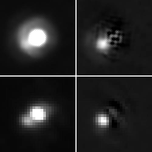 This image combines Hubble (top) and Gemini North (bottom) views of a binary system. Both telescopes reveal a faint companion (circled) near a brighter brown dwarf. Right panels show the companion clearer by removing the brown dwarf's light.
