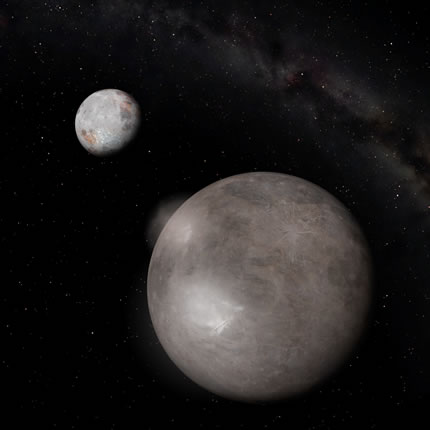 Artist’s conception of Charon (with Pluto in the background) against the backdrop of the Milky Way.