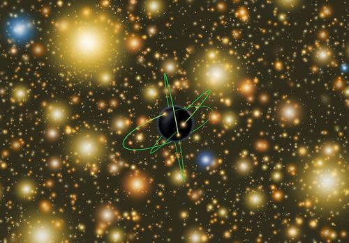 Artist’s concept shows an extremely exaggerated-size version of the intermediate-mass black hole that may exist at the center of Omega Centauri.