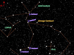 Diagram of the Omega Centauri location relative to stars in the southern sky.