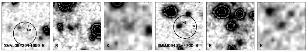 Images of SMMJ09429 +4659 (left) and images of SMMJ09431+4700 (right) in B, R and K Bands